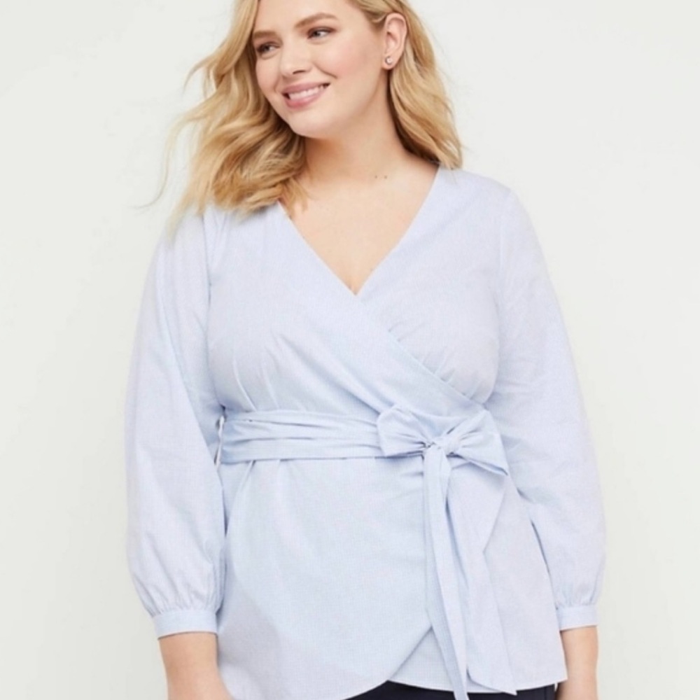 Lane Bryant Gingham Poplin Wrap Blouse Blue White 16 D2
